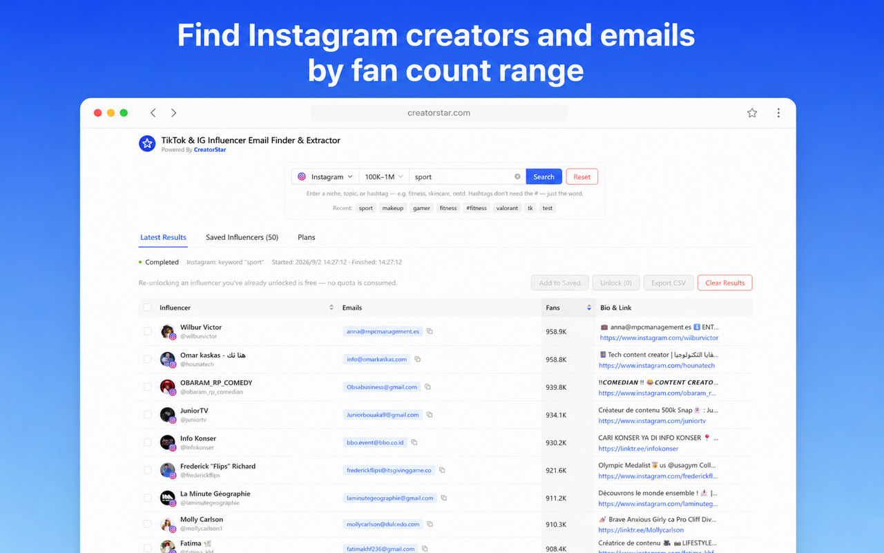 Instagram search results — fan range 100K-1M, keyword 'sport', every row showing an unlocked contact email